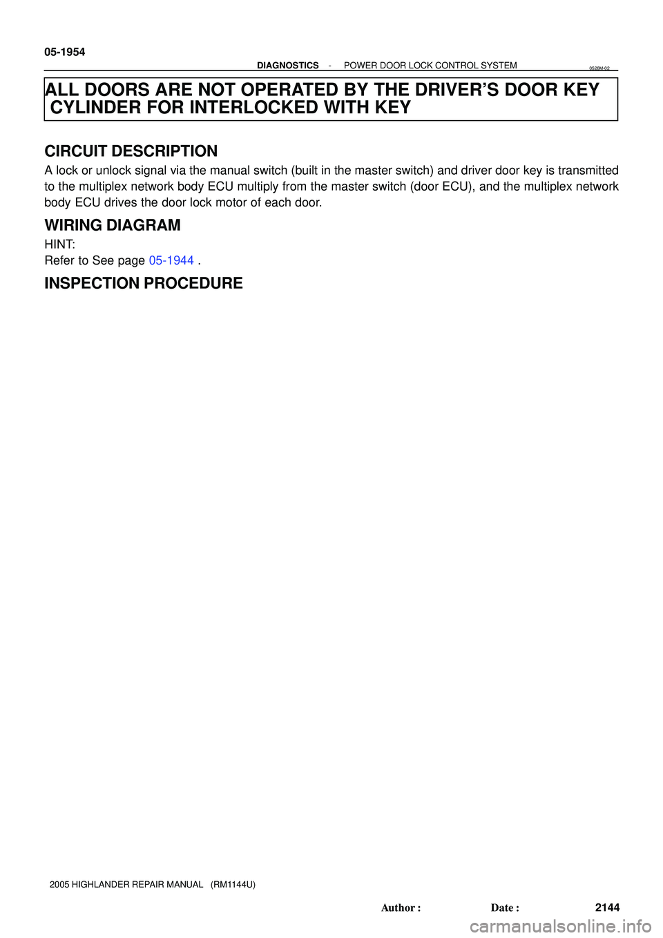 TOYOTA HIGHLANDER 2001  Service Repair Manual 05-1954
- DIAGNOSTICSPOWER DOOR LOCK CONTROL SYSTEM
2144 Author: Date:
2005 HIGHLANDER REPAIR MANUAL   (RM1144U)
ALL DOORS ARE NOT OPERATED BY THE DRIVERS DOOR KEY
CYLINDER FOR INTERLOCKED WITH KEY