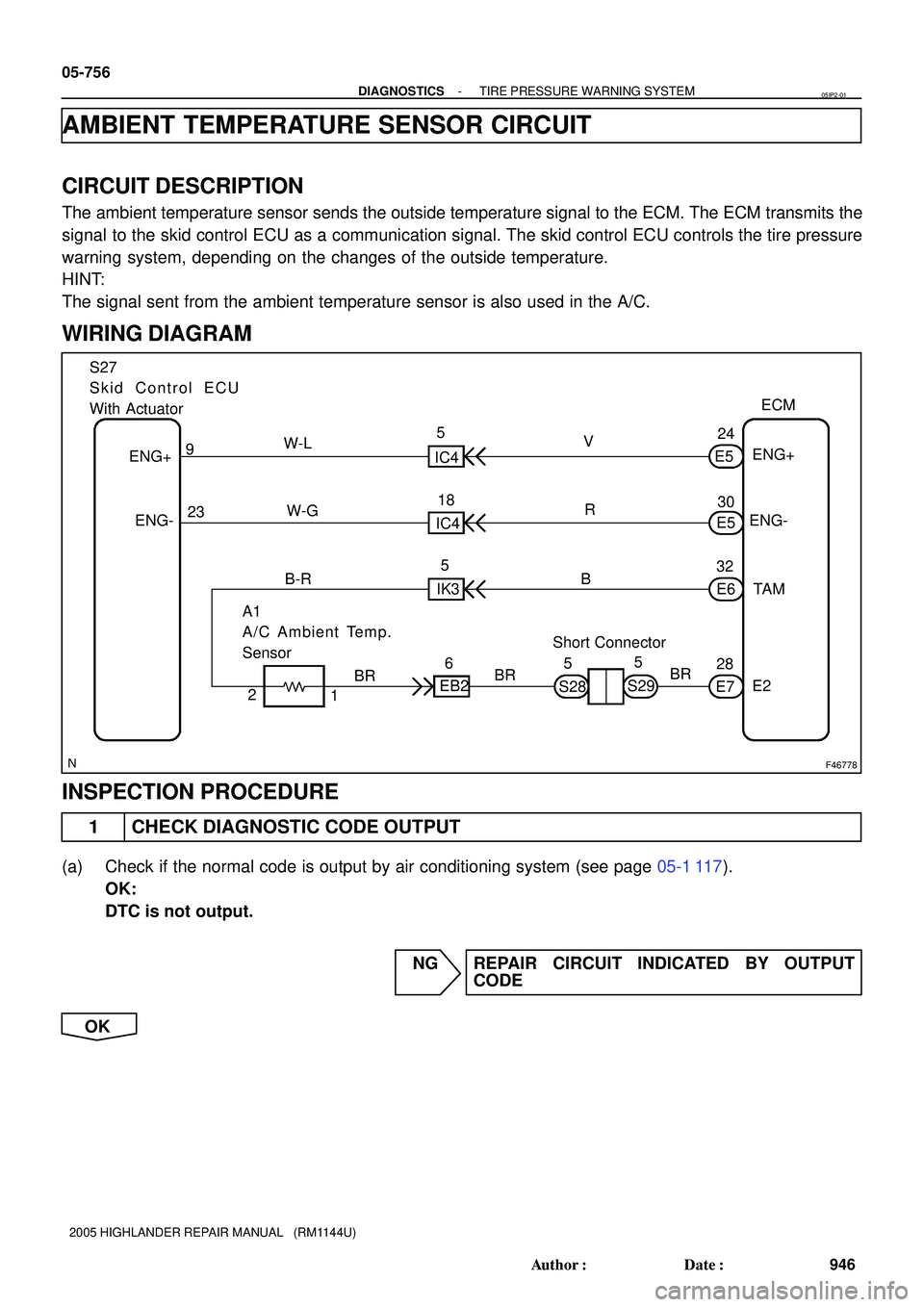 TOYOTA HIGHLANDER 2001  Service Repair Manual F46778
ECM S27
Skid Control ECU
With Actuator
A1
A/C Ambient Temp.
SensorENG+
TA M
E2 IC4
IK3V
W-L
E524
Short Connector
S28 EB2ENG-
E5
E6
E7 R
B30
32 IC4
28 5
18
5 W-G
B-R ENG+
ENG-9
23
6
S29 55
BRBRB