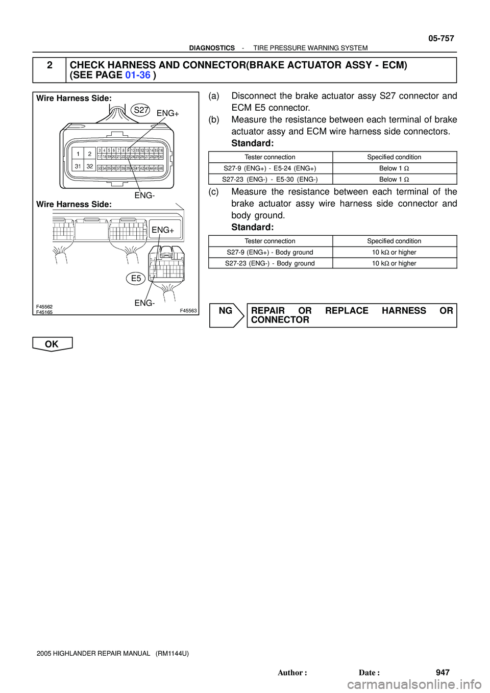 TOYOTA HIGHLANDER 2001  Service Repair Manual F45165F45562F45563
Wire Harness Side:
Wire Harness Side:
ENG-ENG+ENG+
ENG- S27
E5
- DIAGNOSTICSTIRE PRESSURE WARNING SYSTEM
05-757
947 Author: Date:
2005 HIGHLANDER REPAIR MANUAL   (RM1144U)
2 CHECK