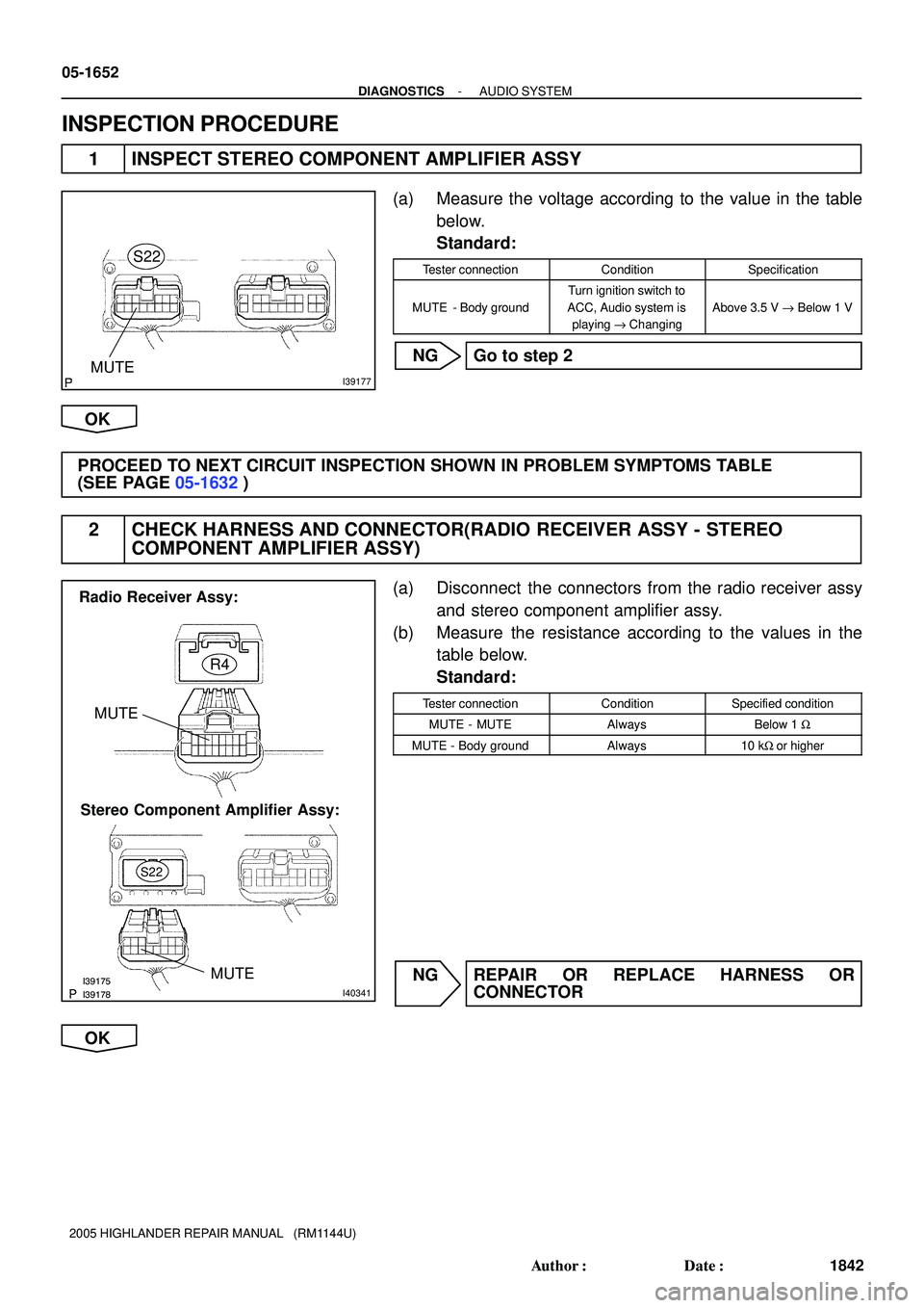 TOYOTA HIGHLANDER 2001  Service Repair Manual I39177MUTES22
I39175I39178I40341
Radio Receiver Assy:
Stereo Component Amplifier Assy:MUTER4
MUTE
S22
05-1652
- DIAGNOSTICSAUDIO SYSTEM
1842 Author: Date:
2005 HIGHLANDER REPAIR MANUAL   (RM1144U)
I
