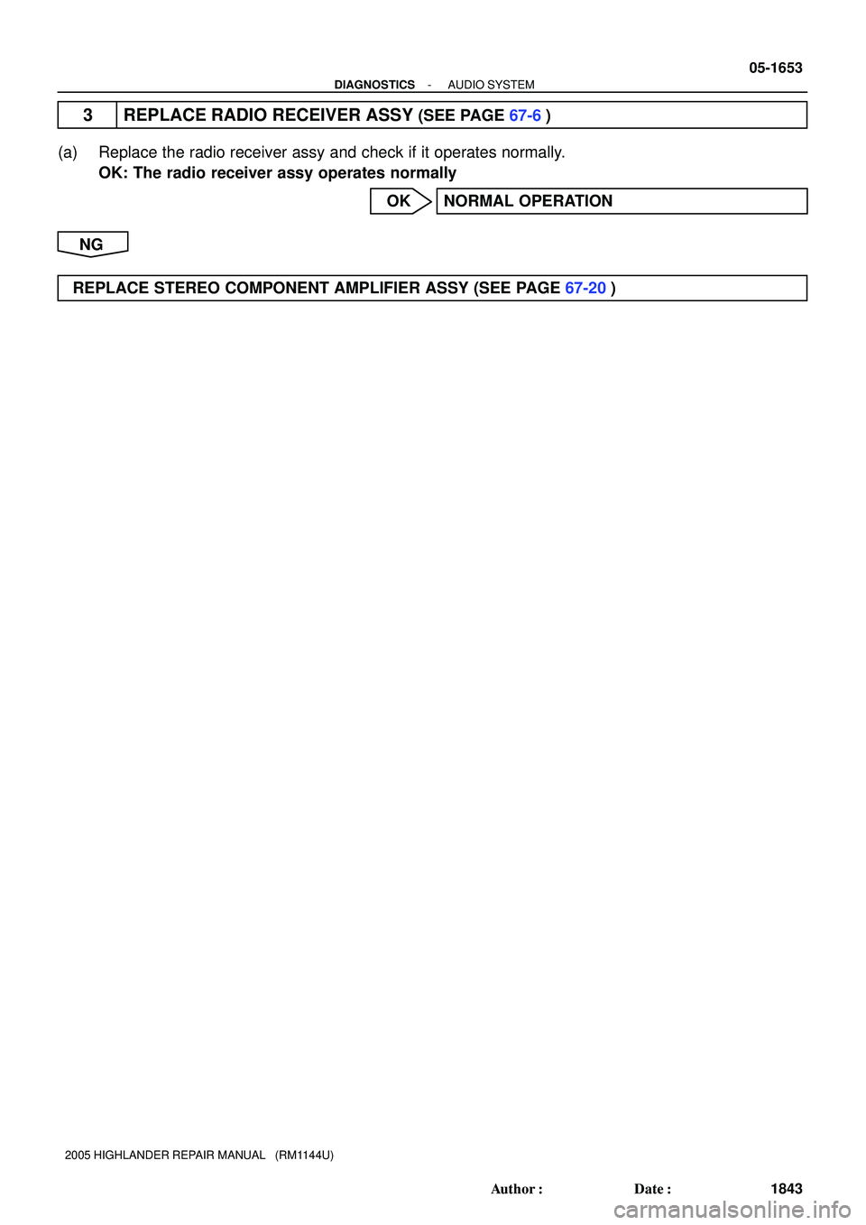 TOYOTA HIGHLANDER 2001  Service Repair Manual - DIAGNOSTICSAUDIO SYSTEM
05-1653
1843 Author: Date:
2005 HIGHLANDER REPAIR MANUAL   (RM1144U)
3 REPLACE RADIO RECEIVER ASSY (SEE PAGE 67-6)
(a) Replace the radio receiver assy and check if it opera