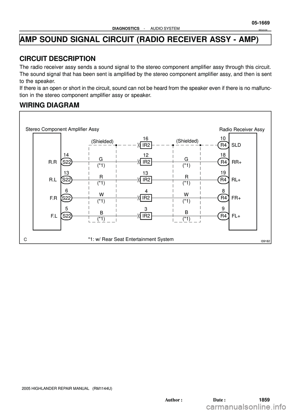 TOYOTA HIGHLANDER 2001  Service Repair Manual I39182
Stereo Component Amplifier Assy
Radio Receiver Assy
(Shielded)(Shielded)
FL+ B
S22 F. L F. R R.L R.R
S226 S2213 S2214
WR G
FR+ RL+RR+ SLD R4 10
B WR G 12 IR216
5IR2
IR2
IR2
IR298 19 18
R4
R4
R4