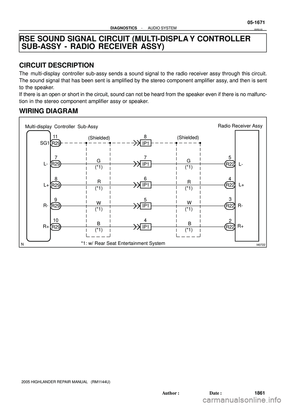 TOYOTA HIGHLANDER 2001  Service Repair Manual I40722
Multi-display Controller Sub-AssyRadio Receiver Assy
(Shielded)(Shielded)
R+ B
R29 R+R-L+ L-
R299 R298 R297
WR G
R-L+ L- SG1
R2911
B WR G 7 IP18
10
2 3 4 5
R22
R22
R22
R22 6
5
4 IP1
IP1
IP1
IP1