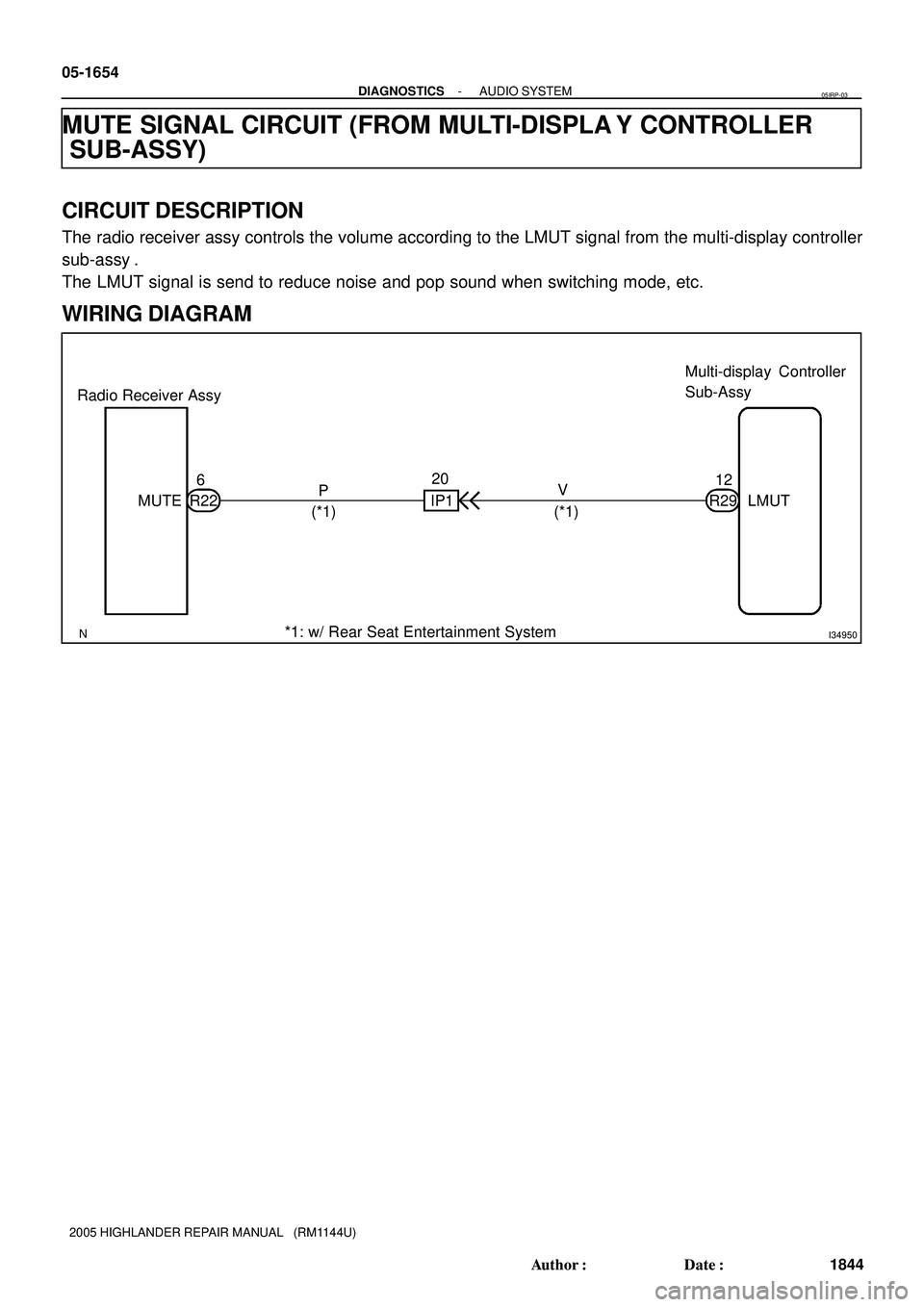 TOYOTA HIGHLANDER 2001  Service Repair Manual I34950
Multi-display Controller
Sub-Assy
Radio Receiver Assy
MUTE6
P20
IP1V12
R29 LMUT R22
(*1) (*1)
*1: w/ Rear Seat Entertainment System 05-1654
- DIAGNOSTICSAUDIO SYSTEM
1844 Author: Date:
2005 H