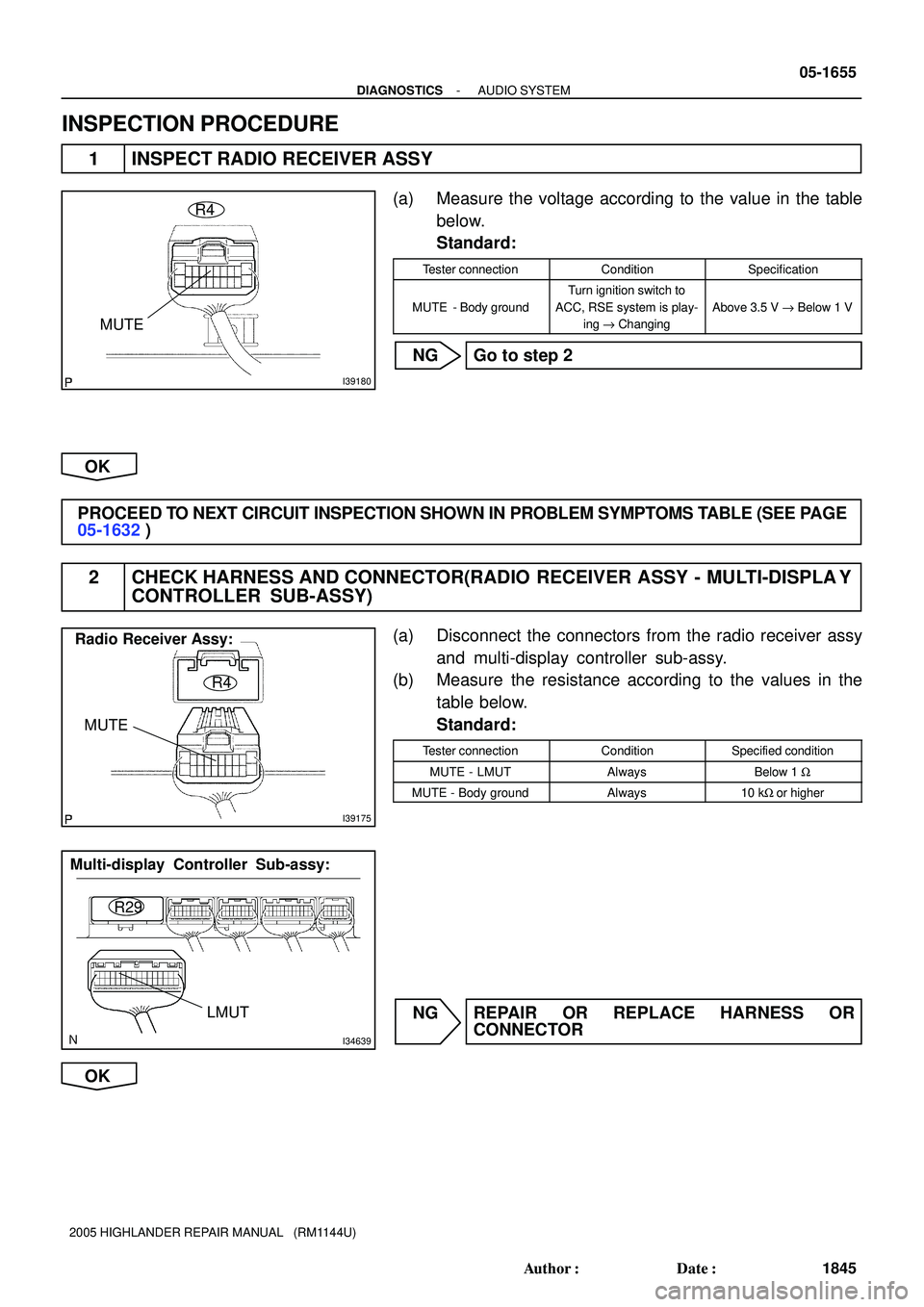 TOYOTA HIGHLANDER 2001  Service Repair Manual I39180
R4
MUTE
I39175
R4
Radio Receiver Assy:
MUTE
I34639
Multi-display Controller Sub-assy:
R29
LMUT
- DIAGNOSTICSAUDIO SYSTEM
05-1655
1845 Author: Date:
2005 HIGHLANDER REPAIR MANUAL   (RM1144U)
I