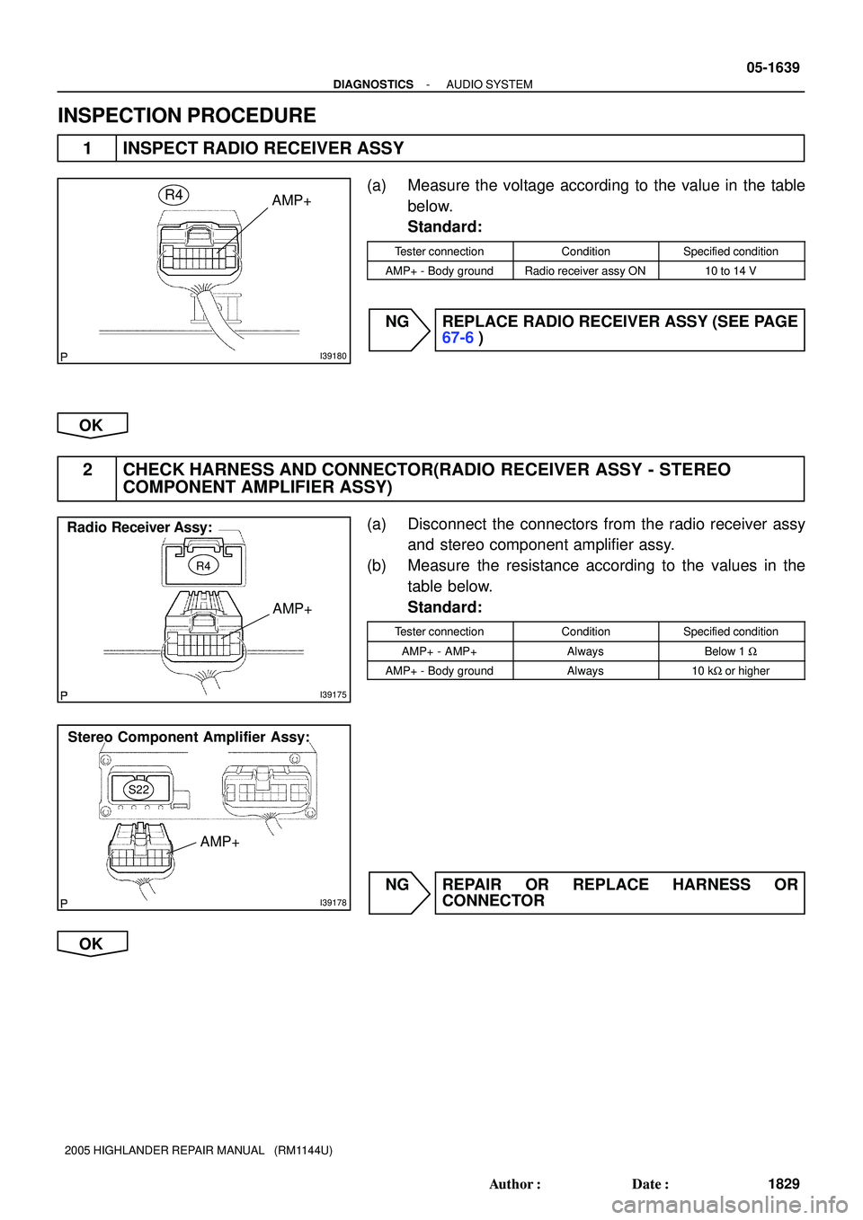 TOYOTA HIGHLANDER 2001  Service Repair Manual I39180
AMP+R4
I39178
S22
Stereo Component Amplifier Assy:
AMP+
I39175
R4
AMP+
Radio Receiver Assy:
- DIAGNOSTICSAUDIO SYSTEM
05-1639
1829 Author: Date:
2005 HIGHLANDER REPAIR MANUAL   (RM1144U)
INSP