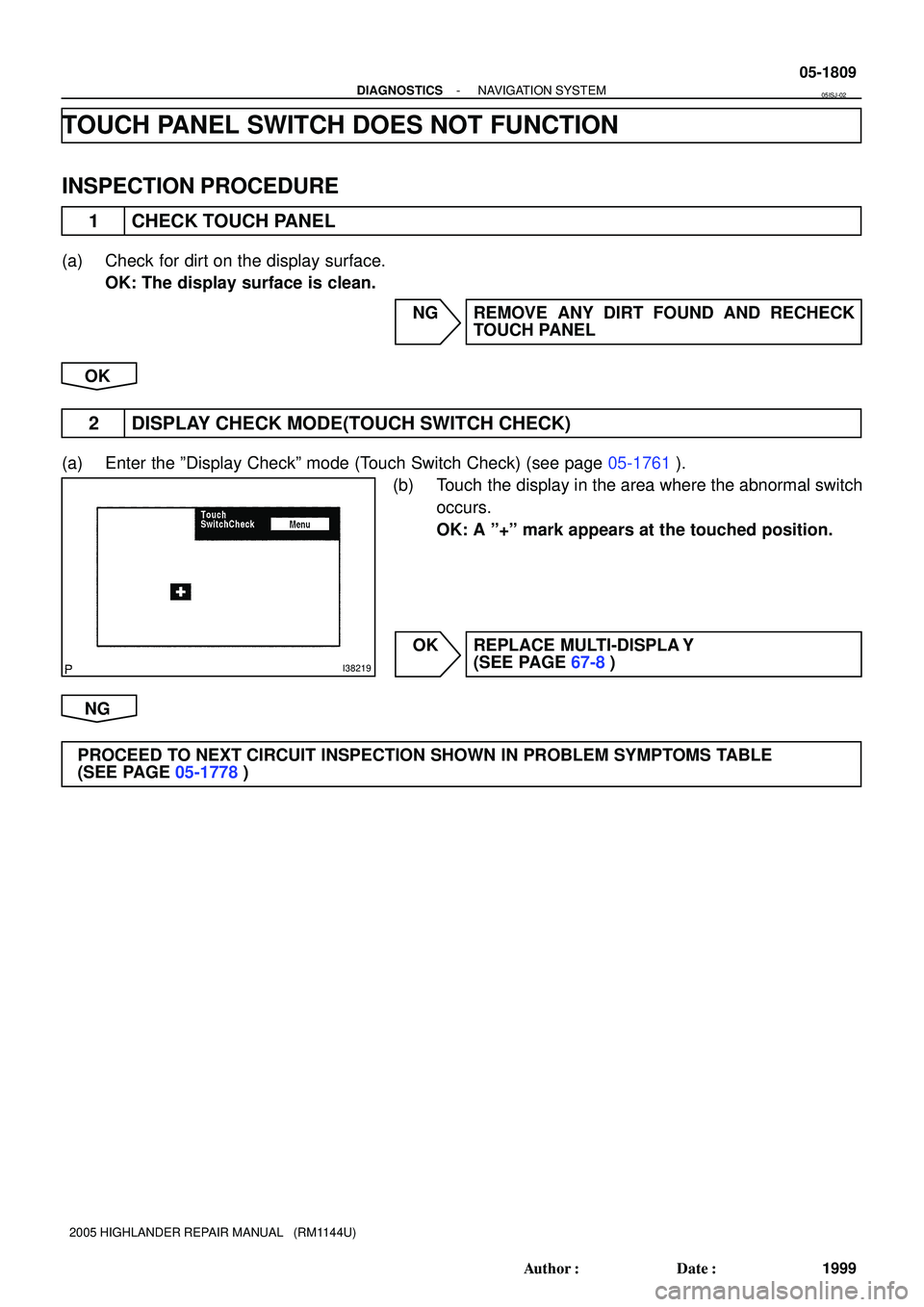 TOYOTA HIGHLANDER 2001  Service Repair Manual I38219
- DIAGNOSTICSNAVIGATION SYSTEM
05-1809
1999 Author: Date:
2005 HIGHLANDER REPAIR MANUAL   (RM1144U)
TOUCH PANEL SWITCH DOES NOT FUNCTION
INSPECTION PROCEDURE
1 CHECK TOUCH PANEL
(a) Check for