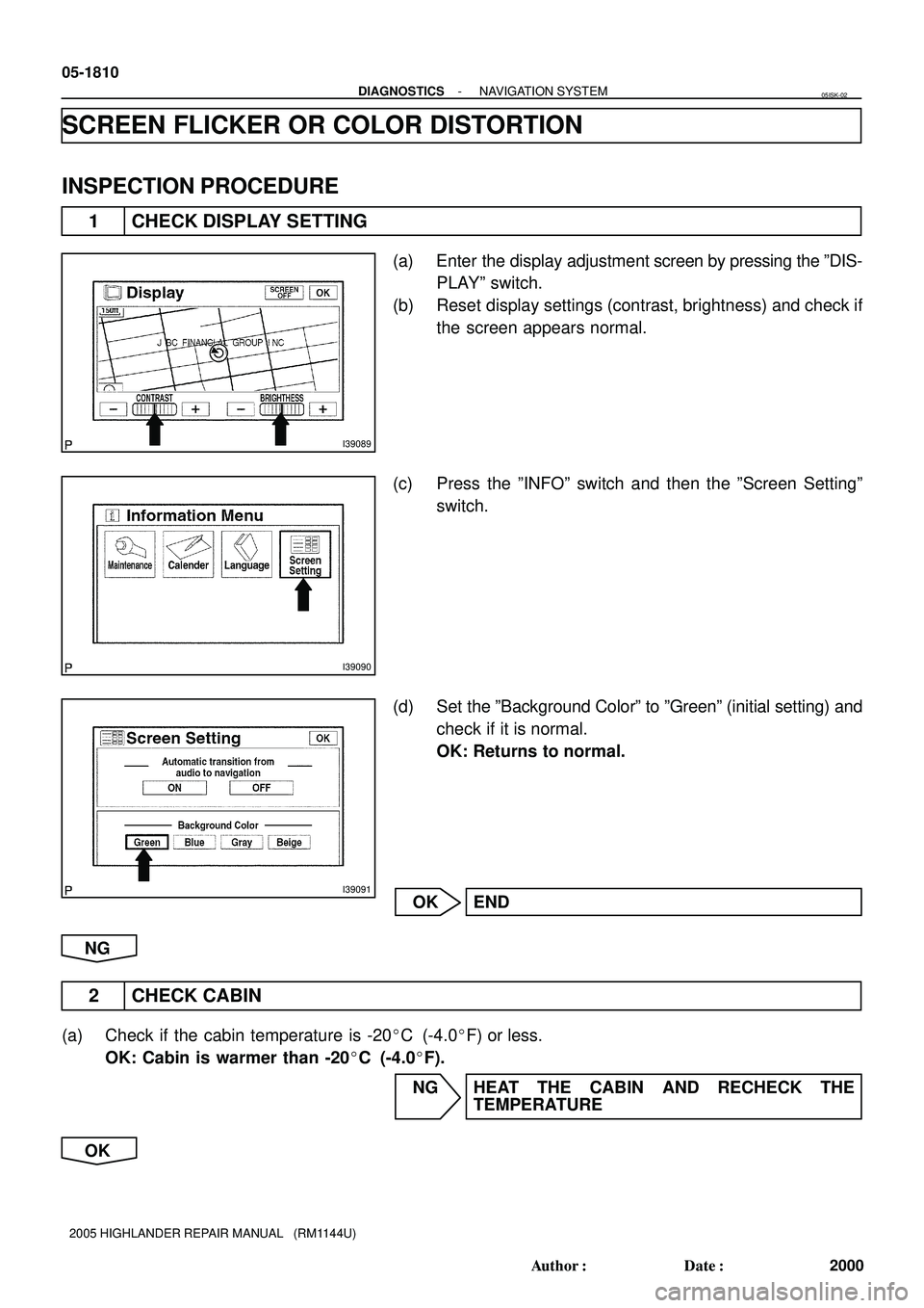 TOYOTA HIGHLANDER 2001  Service Repair Manual I39089
I39090
I39091
05-1810
- DIAGNOSTICSNAVIGATION SYSTEM
2000 Author: Date:
2005 HIGHLANDER REPAIR MANUAL   (RM1144U)
SCREEN FLICKER OR COLOR DISTORTION
INSPECTION PROCEDURE
1 CHECK DISPLAY SETTI