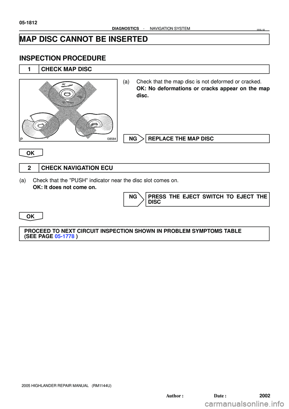 TOYOTA HIGHLANDER 2001  Service Repair Manual I38584
05-1812
- DIAGNOSTICSNAVIGATION SYSTEM
2002 Author: Date:
2005 HIGHLANDER REPAIR MANUAL   (RM1144U)
MAP DISC CANNOT BE INSERTED
INSPECTION PROCEDURE
1 CHECK MAP DISC
(a) Check that the map di