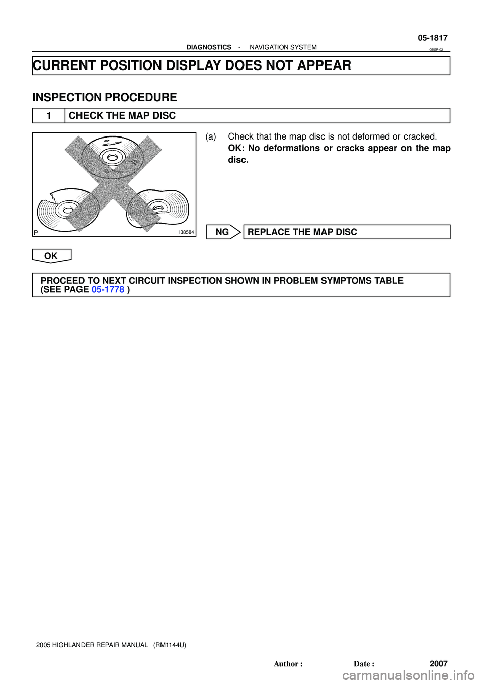 TOYOTA HIGHLANDER 2001  Service Repair Manual I38584
- DIAGNOSTICSNAVIGATION SYSTEM
05-1817
2007 Author: Date:
2005 HIGHLANDER REPAIR MANUAL   (RM1144U)
CURRENT POSITION DISPLAY DOES NOT APPEAR
INSPECTION PROCEDURE
1 CHECK THE MAP DISC
(a) Chec