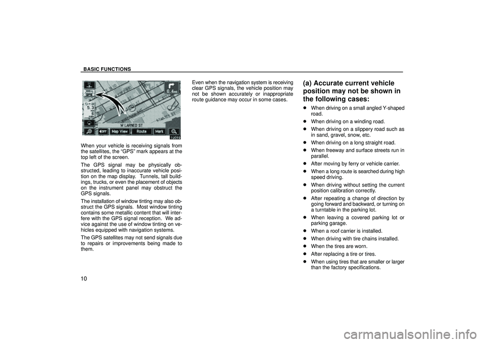 TOYOTA HIGHLANDER 2001  Service Repair Manual BASIC FUNCTIONS
10
When your vehicle is receiving signals from
the satellites, the GPSº mark appears at the
top left of the screen.
The GPS signal may be physically ob-
structed, leading to inaccura