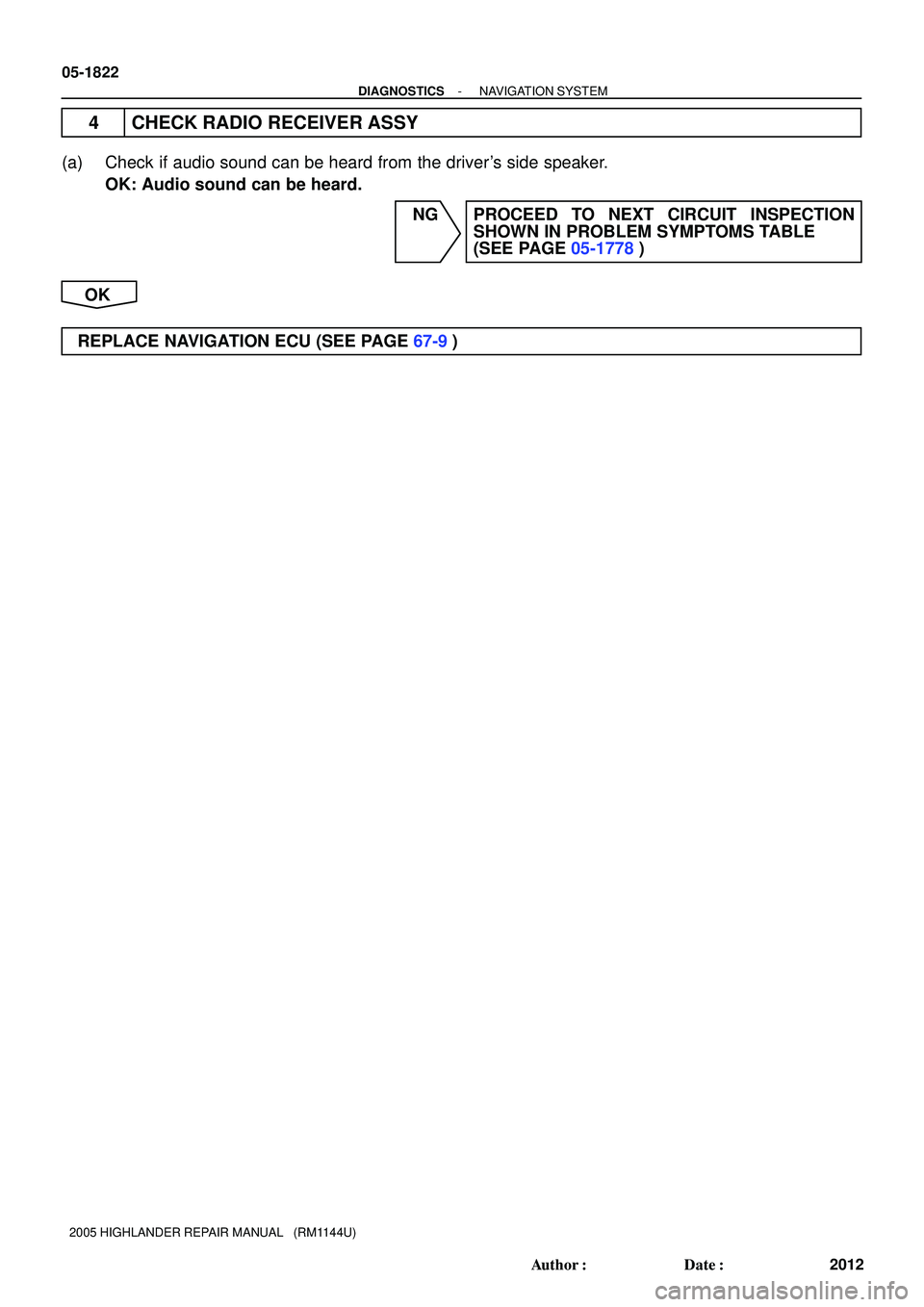 TOYOTA HIGHLANDER 2001  Service Repair Manual 05-1822
- DIAGNOSTICSNAVIGATION SYSTEM
2012 Author: Date:
2005 HIGHLANDER REPAIR MANUAL   (RM1144U)
4 CHECK RADIO RECEIVER ASSY
(a) Check if audio sound can be heard from the drivers side speaker.
