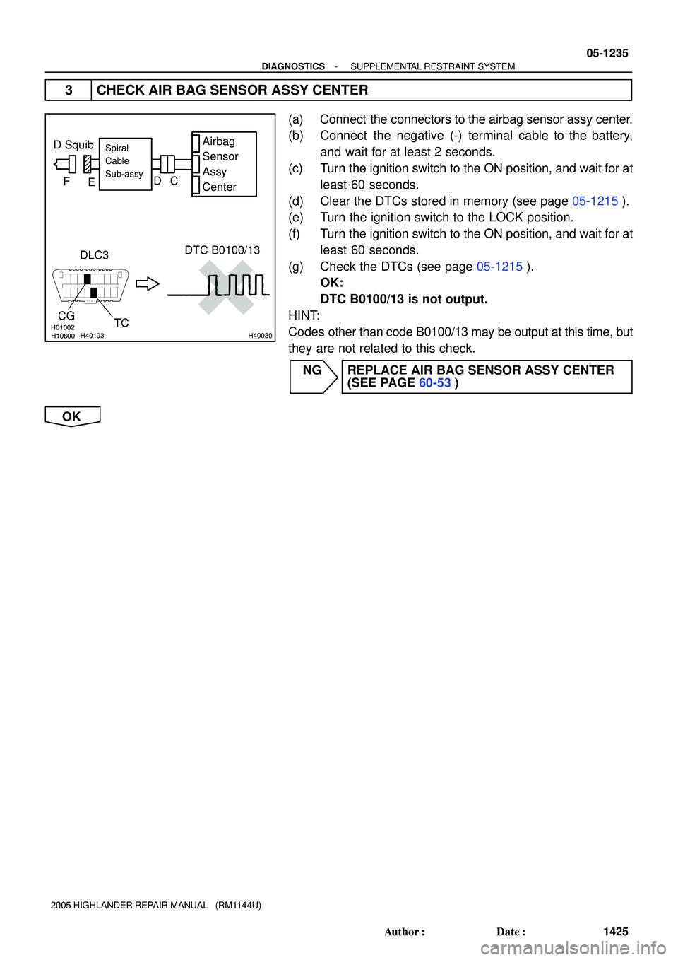 TOYOTA HIGHLANDER 2001  Service Repair Manual H01002H10600H40103H40030
D SquibAirbag
Sensor
Assy
Center
DLC3
CG
TCDTC B0100/13Spiral
Cable
Sub-assy
C D
E F
- DIAGNOSTICSSUPPLEMENTAL RESTRAINT SYSTEM
05-1235
1425 Author: Date:
2005 HIGHLANDER RE