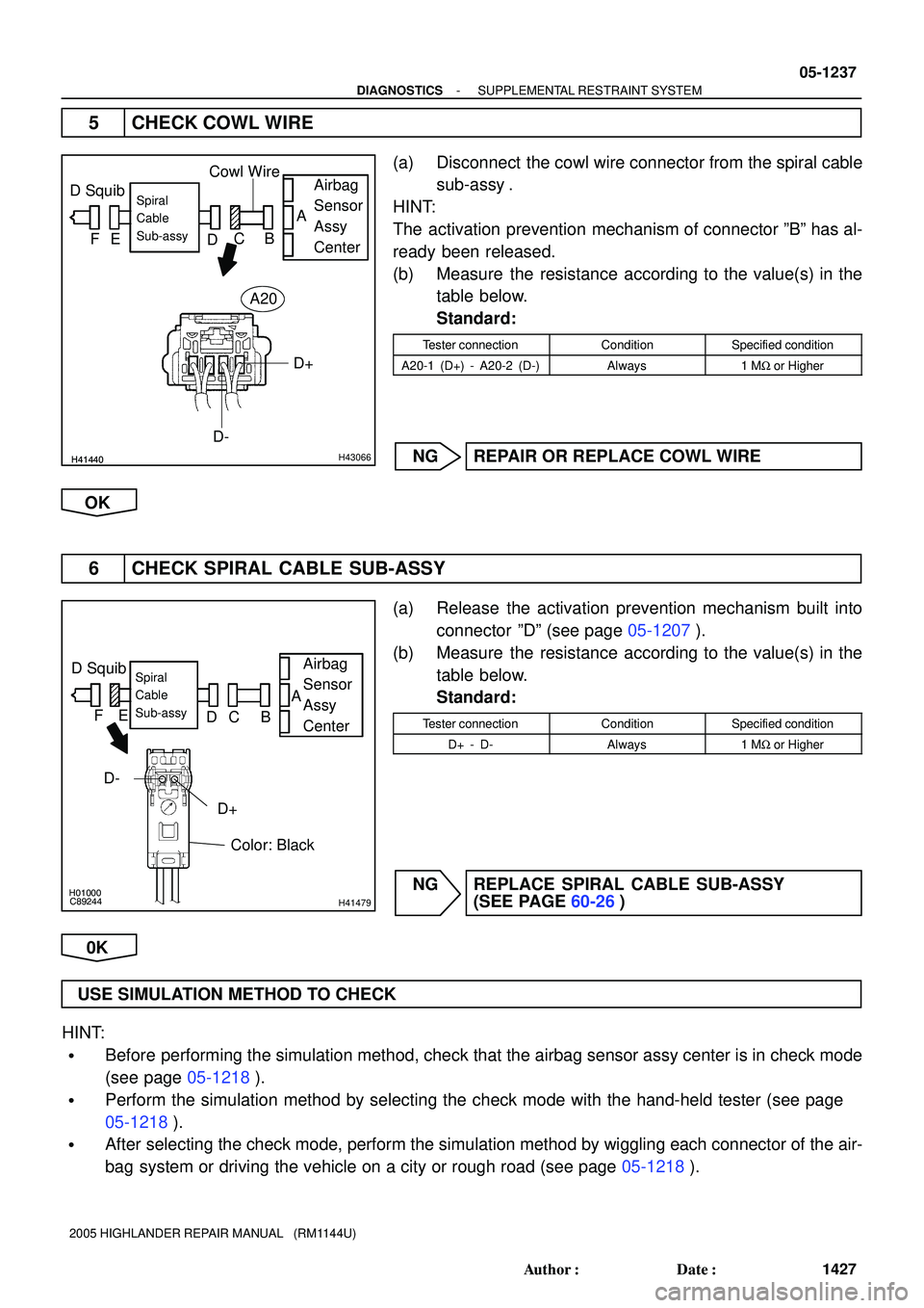 TOYOTA HIGHLANDER 2001  Service Repair Manual H41440H41440H43066
D SquibAirbag
Sensor
Assy
CenterSpiral
Cable
Sub-assy
Cowl Wire
A
B C
D FE
D+
D-A20
H01000
C89244H41479
D SquibAirbag
Sensor
Assy
CenterSpiral
Cable
Sub-assy
Color: Black
D+
    D-B