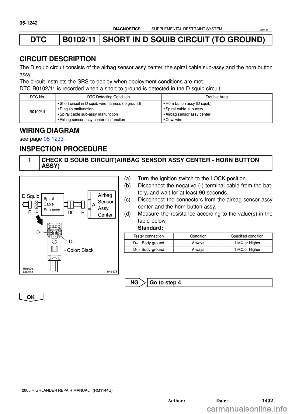 TOYOTA HIGHLANDER 2001  Service Repair Manual H01001
C89244H41475
D SquibAirbag
Sensor
Assy
CenterSpiral 
Cable 
Sub-assy
Color: Black
D+A
B C D E F
          D-
05-1242
- DIAGNOSTICSSUPPLEMENTAL RESTRAINT SYSTEM
1432 Author: Date:
2005 HIGHLAN