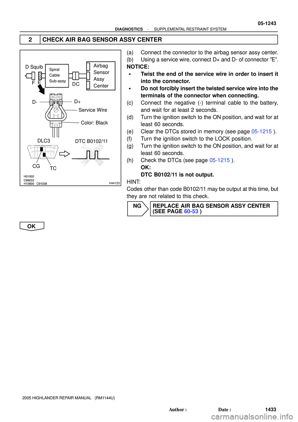 TOYOTA HIGHLANDER 2001  Service Repair Manual H01002
C89252
H10600 C91338H44123
D SquibAirbag
Sensor
Assy
CenterSpiral
Cable
Sub-assy
Color: Black
CG
TC DLC3
DTC B0102/11
D+
D-
Service Wire
C D E
F
- DIAGNOSTICSSUPPLEMENTAL RESTRAINT SYSTEM
05-12