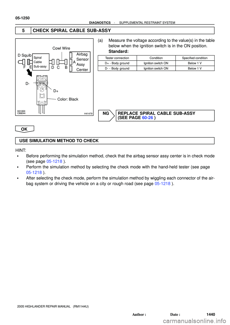 TOYOTA HIGHLANDER 2001  Service Repair Manual H01000
C89244H41479
D SquibAirbag
Sensor
Assy
CenterSpiral
Cable
Sub-assy
Color: Black
D+A
B C D FE
      D-Cowl Wire
05-1250
- DIAGNOSTICSSUPPLEMENTAL RESTRAINT SYSTEM
1440 Author: Date:
2005 HIGHL