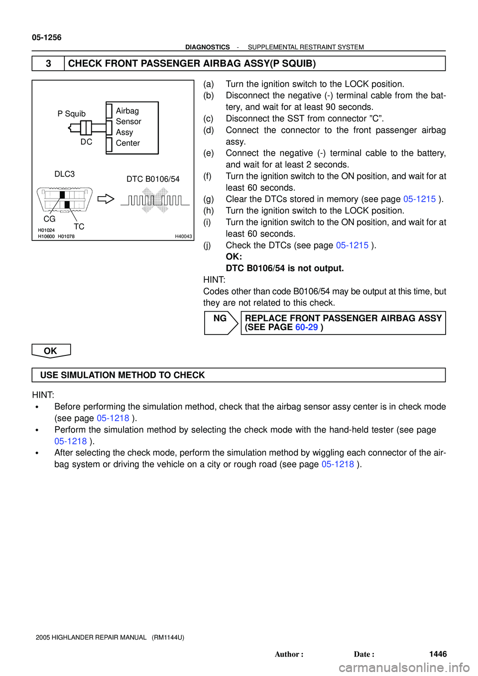 TOYOTA HIGHLANDER 2001  Service Repair Manual H10600H01078H01024H10600H01078H01024H40043
DTC B0106/54 DLC3
CG
TC
Airbag
Sensor
Assy
Center P Squib
C D
05-1256
- DIAGNOSTICSSUPPLEMENTAL RESTRAINT SYSTEM
1446 Author: Date:
2005 HIGHLANDER REPAIR 