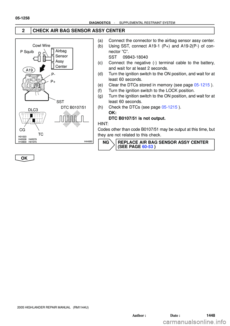 TOYOTA HIGHLANDER 2001  Service Repair Manual H01023H40538H10600H01075 H40579H44680
P SquibAirbag
Sensor
Assy
Center
DLC3
CG
TC
P- Cowl Wire
C D
A19
P+
SST
DTC B0107/51
05-1258
- DIAGNOSTICSSUPPLEMENTAL RESTRAINT SYSTEM
1448 Author: Date:
2005 