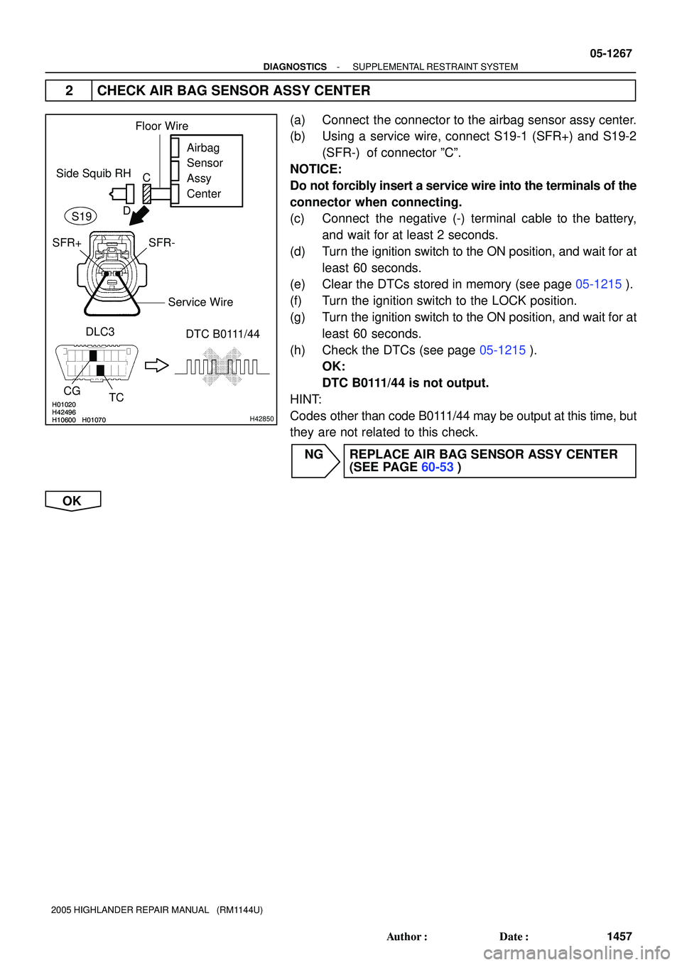 TOYOTA HIGHLANDER 2001  Service Repair Manual H01020
H10600 H01070H42496H01020
H10600 H01070H42496H42850
Side Squib RH
SFR+ SFR-
DTC B0111/44 DLC3
CG
TCAirbag 
Sensor 
Assy
Center Floor Wire
Service Wire
C
D
S19
- DIAGNOSTICSSUPPLEMENTAL RESTRAIN