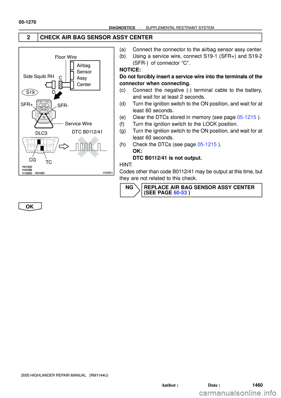 TOYOTA HIGHLANDER 2001  Service Repair Manual H01020
H10600H01067H42496H01020
H10600H01067H42496H42851
Side Squib RHAirbag 
Sensor 
Assy
Center
SFR+
SFR-
CG
TC DLC3DTC B0112/41
Floor Wire
Service Wire
C
D
S19
05-1270
- DIAGNOSTICSSUPPLEMENTAL RES