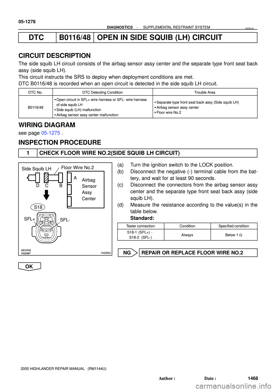 TOYOTA HIGHLANDER 2001  Service Repair Manual H01016H42497H01016H42497H42853
Side Squib LH
Airbag 
Sensor 
Assy
Center
SFL+
SFL-Floor Wire No.2
B C DA
S18
05-1278
- DIAGNOSTICSSUPPLEMENTAL RESTRAINT SYSTEM
1468 Author: Date:
2005 HIGHLANDER REP