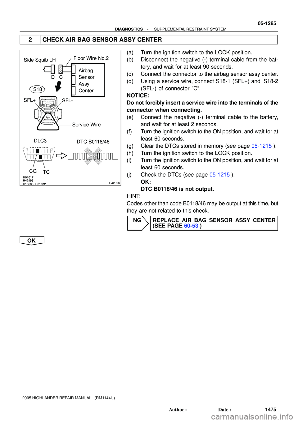 TOYOTA HIGHLANDER 2001  Service Repair Manual H01017
H10600 H01072H42496H01017
H10600 H01072H42496H42856
Side Squib LH
CG
TCDTC B0118/46 DLC3Airbag 
Sensor 
Assy
Center
SFL+
SFL-Floor Wire No.2
Service Wire
C D
S18
- DIAGNOSTICSSUPPLEMENTAL RESTR