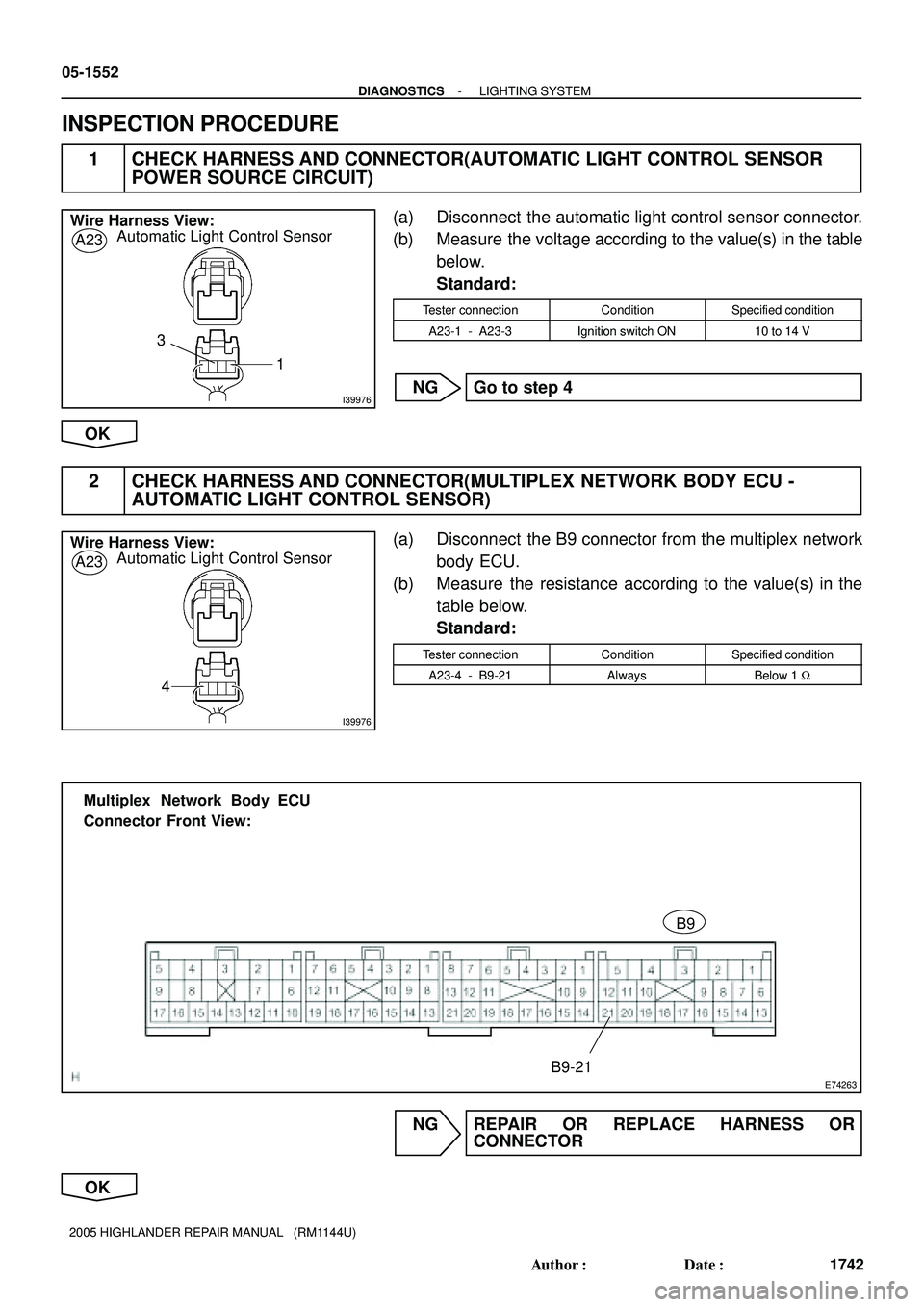 TOYOTA HIGHLANDER 2001  Service Repair Manual I39976
Wire Harness View:
Automatic Light Control Sensor
A23
1 3
I39976
Wire Harness View:
Automatic Light Control Sensor
A23
4
E74263
B9
B9-21 Multiplex  Network Body ECU
Connector Front View:
05-155