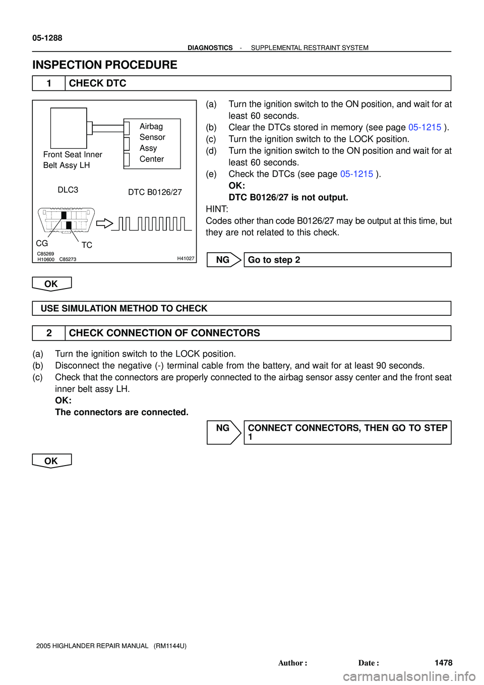 TOYOTA HIGHLANDER 2001  Service Repair Manual C85269H10600C85273H41027
Airbag 
Sensor 
Assy 
Center Front Seat Inner 
Belt Assy LH
DTC B0126/27 DLC3
CG
TC
05-1288
- DIAGNOSTICSSUPPLEMENTAL RESTRAINT SYSTEM
1478 Author: Date:
2005 HIGHLANDER REP