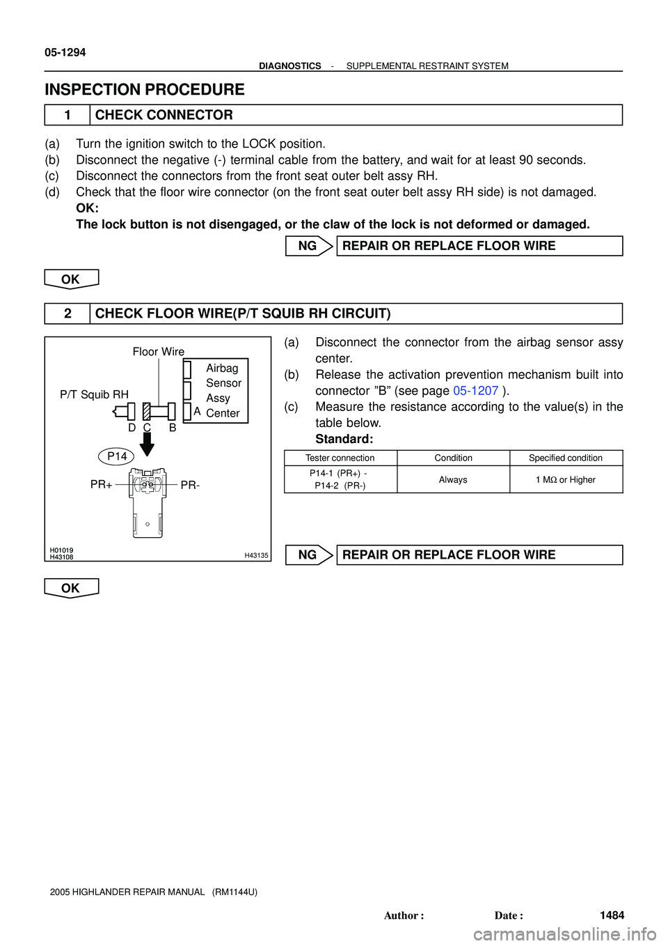 TOYOTA HIGHLANDER 2001  Service Repair Manual H01019H43108H01019H43108H43135
Airbag
Sensor
Assy
Center P/T Squib RH
PR- PR+
Floor Wire
A
B C D
P14
05-1294
- DIAGNOSTICSSUPPLEMENTAL RESTRAINT SYSTEM
1484 Author: Date:
2005 HIGHLANDER REPAIR MANU