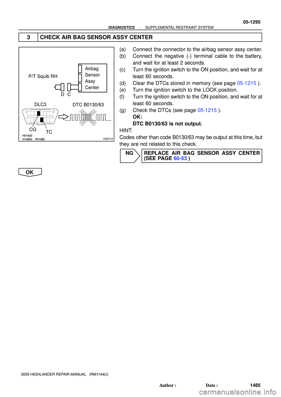 TOYOTA HIGHLANDER 2001  Service Repair Manual H10600H01020H01082H10600H01020H01082H42114
P/T Squib RHAirbag
Sensor
Assy
Center
CG
TC DLC3
DTC B0130/63
C D
- DIAGNOSTICSSUPPLEMENTAL RESTRAINT SYSTEM
05-1295
1485 Author: Date:
2005 HIGHLANDER REP