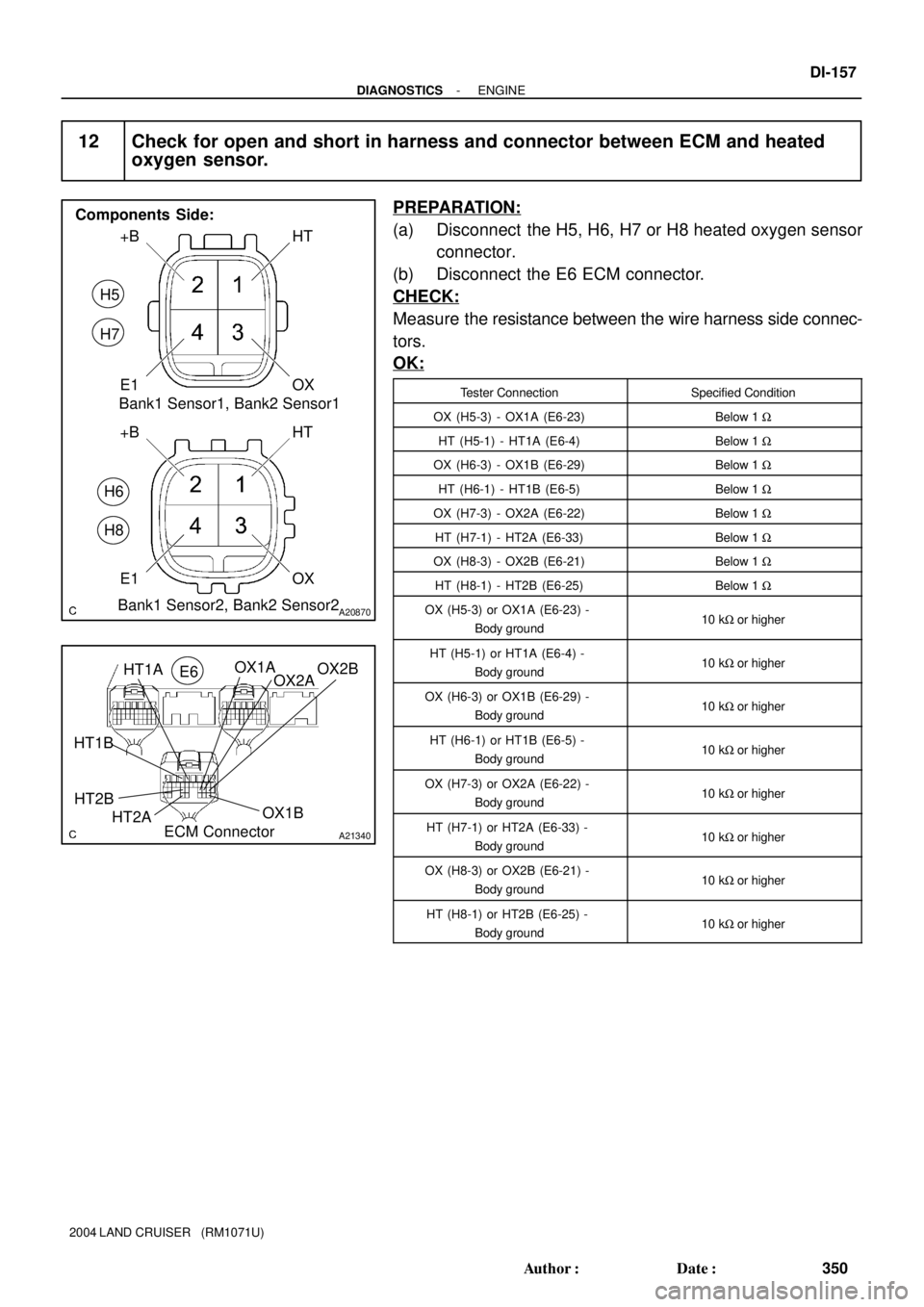 TOYOTA LAND CRUISER 1986  Factory Repair Manual A20870
E1 +B
OX
+BHT
OX E1HT H5
H7
H6
H8
Components  Side:
Bank1 Sensor1, Bank2 Sensor1
Bank1 Sensor2, Bank2 Sensor2
A21340ECM Connector HT1BHT1AOX1A
OX2A
HT2B
HT2AOX1B E6
OX2B
- DIAGNOSTICSENGINE
DI-