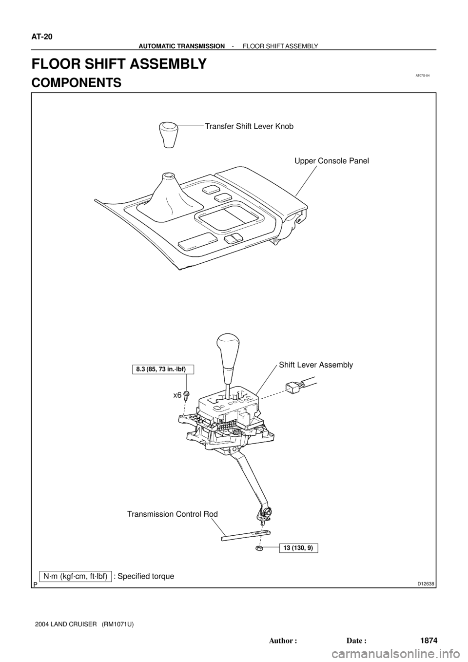 TOYOTA LAND CRUISER 1986  Factory Repair Manual AT07S-04
D12638N´m (kgf´cm, ft´lbf) : Specified torque
Transmission Control Rodx6Shift Lever Assembly Transfer Shift Lever Knob
Upper Console Panel
8.3 (85, 73 in.´lbf)
13 (130, 9)
AT-20
- AUTOMAT