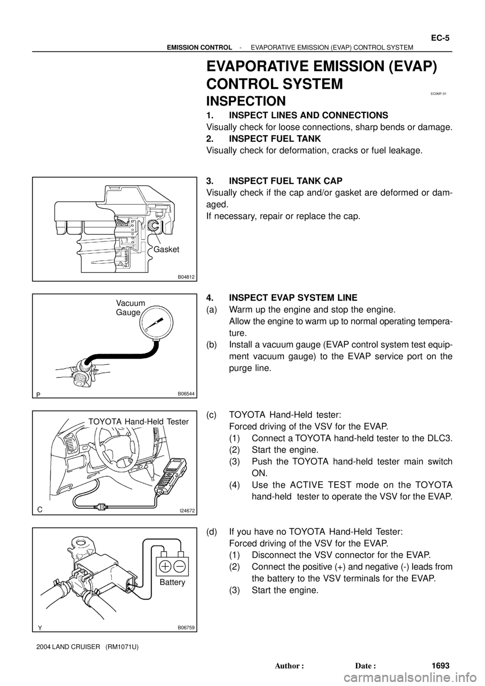 TOYOTA LAND CRUISER 1986  Factory Repair Manual EC0MF-01
B04812
Gasket
B06544
Vacuum
Gauge
I24672
TOYOTA Hand-Held Tester
B06759
Battery
- EMISSION CONTROLEVAPORATIVE EMISSION (EVAP) CONTROL SYSTEM
EC-5
1693 Author: Date:
2004 LAND CRUISER   (RM1
