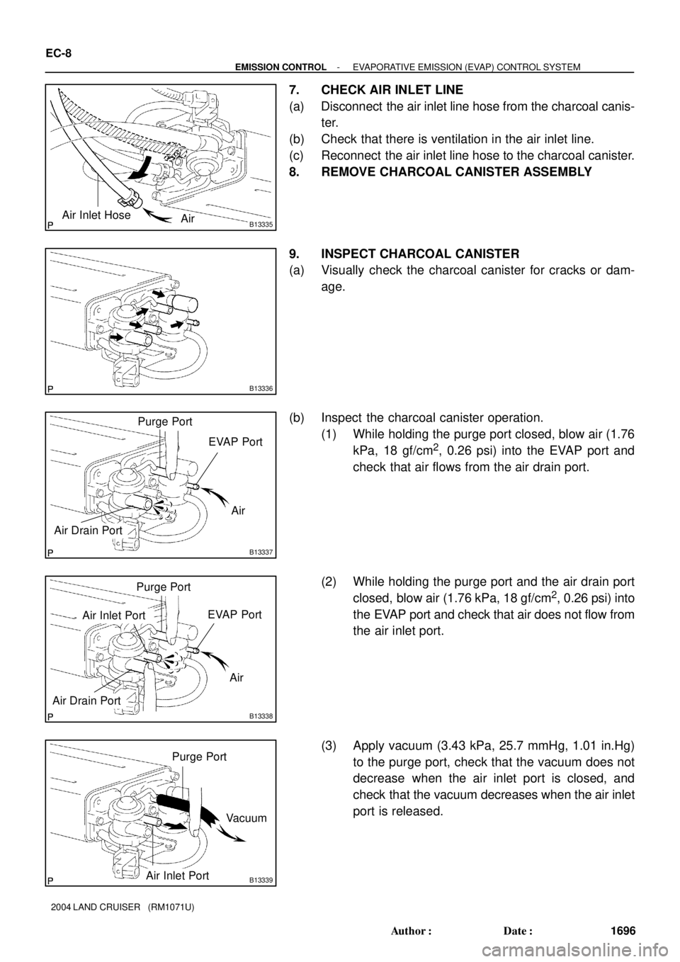 TOYOTA LAND CRUISER 1986  Factory Repair Manual B13335Air Inlet Hose
Air
B13336
B13337
Air Purge Port
EVAP Port
Air Drain Port
B13338
Air Purge Port
EVAP Port
Air Drain Port
Air Inlet Port
B13339
Purge Port
Air Inlet PortVacuum
EC-8
- EMISSION CONT