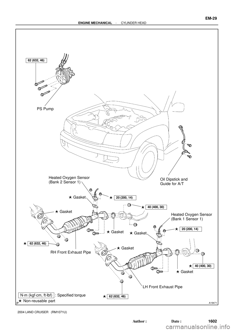 TOYOTA LAND CRUISER 1986  Factory Repair Manual A19471
 Gasket
 Gasket20 (200, 14)
40 (400, 30)
Heated Oxygen Sensor
(Bank 2 Sensor 1)
RH Front Exhaust Pipe Gasket
LH Front Exhaust Pipe
Heated Oxygen Sensor
(Bank 1 Sensor 1)
20 (200, 14)
 Ga