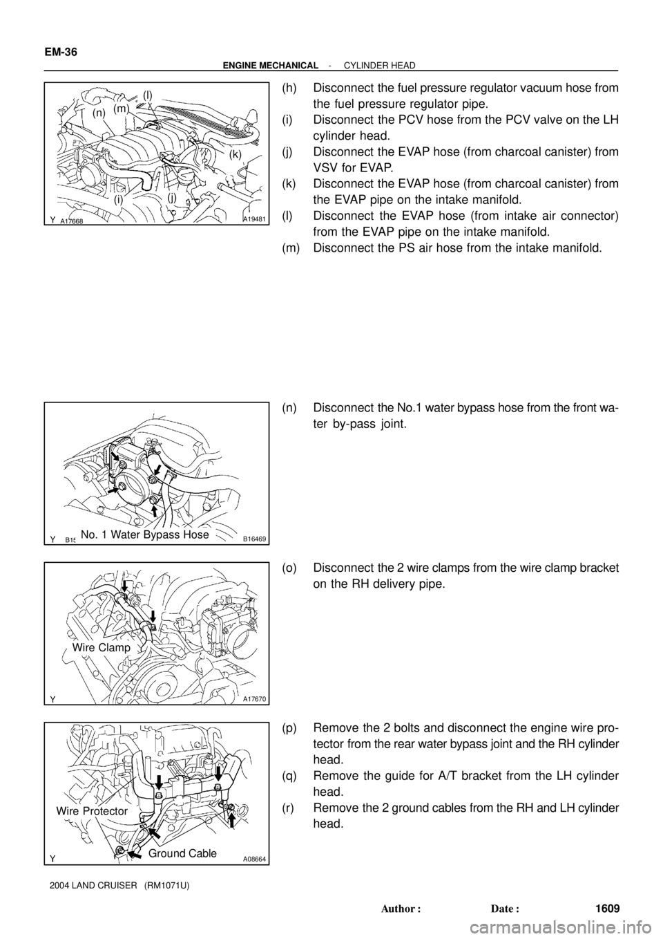 TOYOTA LAND CRUISER 1986  Factory Manual PDF A17668A19481
(k)
(j)(i)
(n)(m)
(l)
B15320B16469No. 1 Water Bypass Hose
A17670
Wire Clamp
A08664
Wire Protector
Ground Cable
EM-36
- ENGINE MECHANICALCYLINDER HEAD
1609 Author: Date:
2004 LAND CRUISE