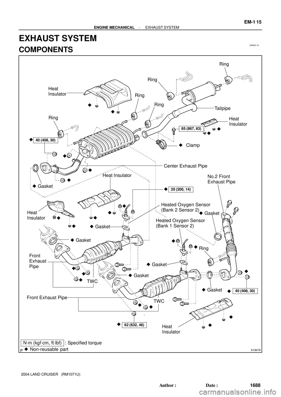 TOYOTA LAND CRUISER 1986  Factory Repair Manual EM0EE-18
A19478
N´m (kgf´cm, ft´lbf) : Specified torque
 Non-reusable partHeat
Insulator
Ring
Heat
Insulator
 Gasket Center Exhaust PipeRing
 Gasket
Heat
Insulator
40 (408, 30)
40 (408, 30)
Heat