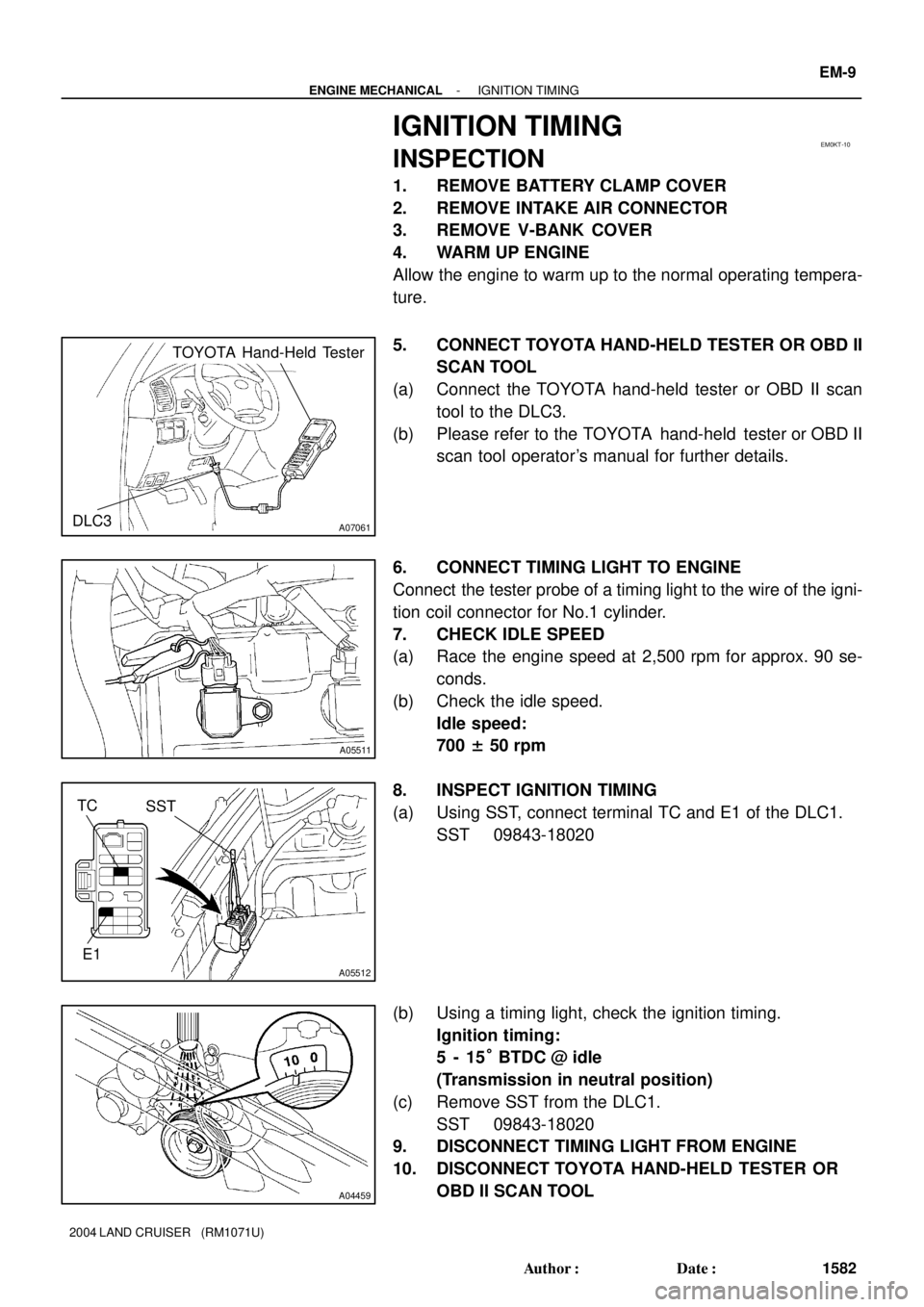 TOYOTA LAND CRUISER 1986  Factory Repair Manual EM0KT-10
A07061
TOYOTA Hand-Held Tester
DLC3
A05511
A05512
SSTTC
E1
A04459
- ENGINE MECHANICALIGNITION TIMING
EM-9
1582 Author: Date:
2004 LAND CRUISER   (RM1071U)
IGNITION TIMING
INSPECTION
1. REMO