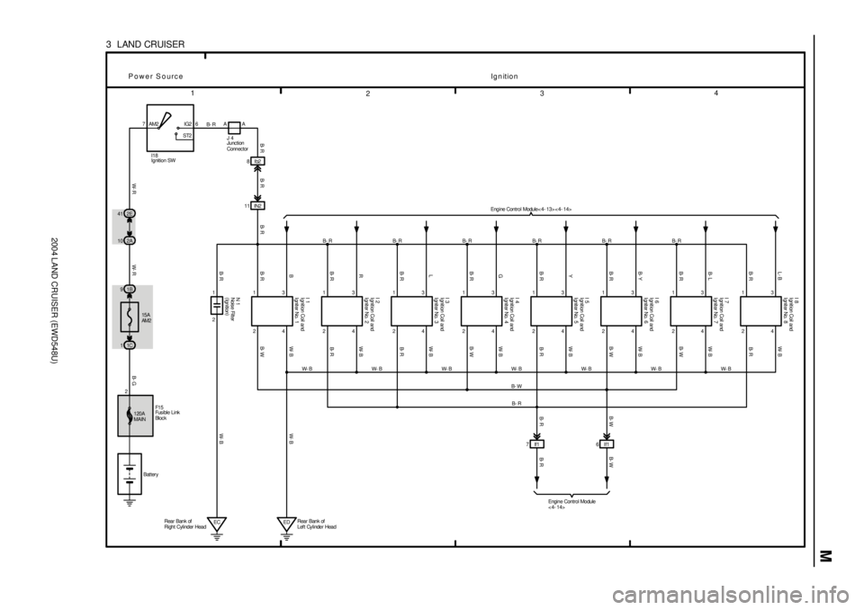 TOYOTA LAND CRUISER 1986  Factory Repair Manual 2004 LAND CRUISER (EWD548U)
M
1
234
3  LAND CRUISER
Bat tery 15A
AM2 1B 97IG2
ST2 AM2 6
24 13
B- RL- B W- B
24 13B- RB- L W- B
24 13B- R B- Y W- B
24 13B- RYW-B
24 13B- RGW-B
24 13B- RLW-B
24 13B- RRW