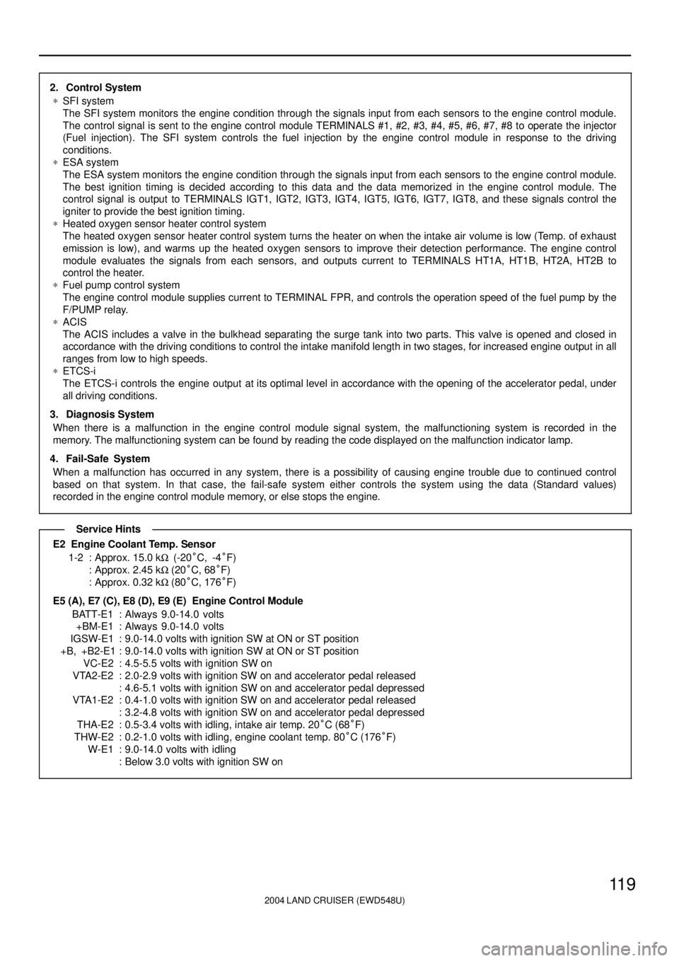 TOYOTA LAND CRUISER 1986  Factory Repair Manual 2004 LAND CRUISER (EWD548U)
11 9
2. Control System
*SFI system
The SFI system monitors the engine condition through the signals input from each sensors to the engine control module.
The control signal