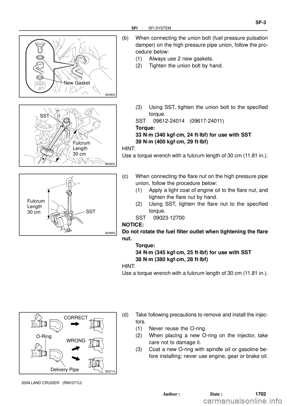 TOYOTA LAND CRUISER 1986  Factory Repair Manual B04933
New Gasket
B04934
Fulcrum
Length
30 cm
SST
B04895
SST Fulcrum
Length
30 cm
B02714
CORRECT
WRONG
Delivery Pipe O-Ring
- SFISFI SYSTEM
SF-3
1702 Author: Date:
2004 LAND CRUISER   (RM1071U)
(b) 