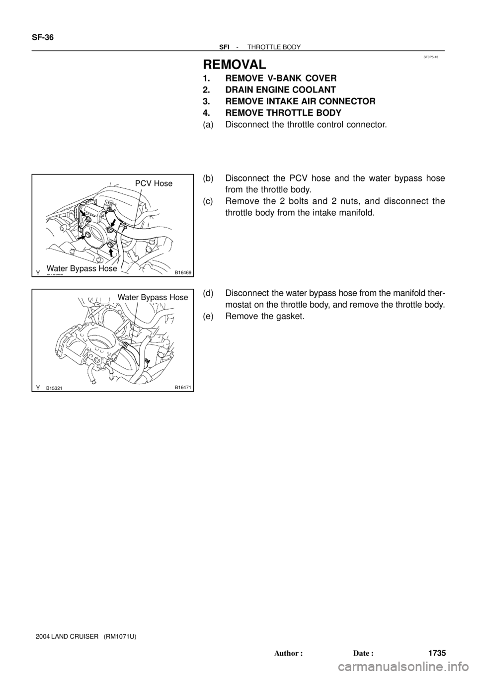 TOYOTA LAND CRUISER 1986  Factory Repair Manual SF0P5-13
B15320B16469Water Bypass HosePCV Hose
B15321B16471
Water Bypass Hose
SF-36
- SFITHROTTLE BODY
1735 Author: Date:
2004 LAND CRUISER   (RM1071U)
REMOVAL
1. REMOVE V-BANK COVER
2. DRAIN ENGINE