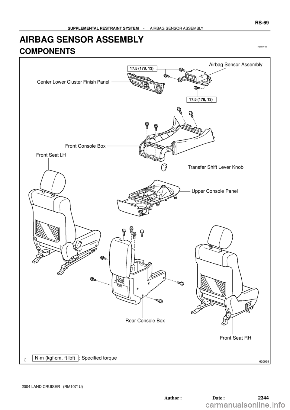 TOYOTA LAND CRUISER 1986  Factory Repair Manual RS0BK-08
H20939
Center Lower Cluster Finish Panel
17.5 (178, 13)Airbag Sensor Assembly
Front Console Box
Transfer Shift Lever Knob Front Seat LH
Upper Console Panel
Rear Console Box
Front Seat RH
N´m