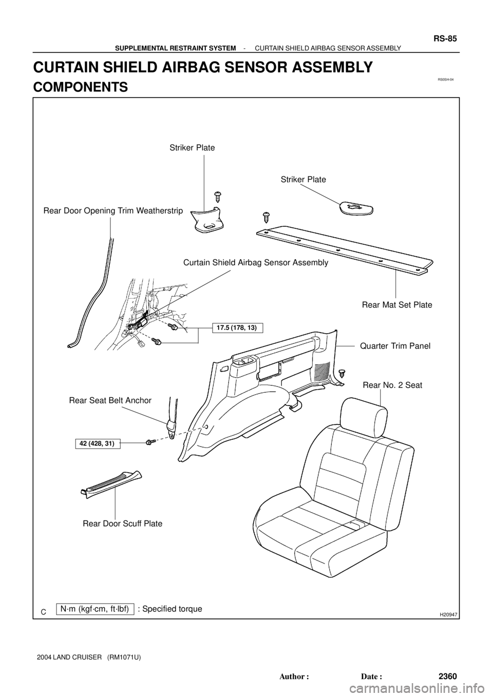 TOYOTA LAND CRUISER 1986  Factory Repair Manual RS0SH-04
H20947N´m (kgf´cm, ft´lbf) : Specified torque
17.5 (178, 13)
42 (428, 31)
Striker Plate
Rear Mat Set Plate
Quarter Trim Panel
Rear Door Scuff PlateRear No. 2 Seat Rear Door Opening Trim We