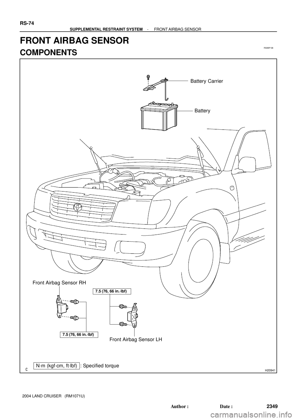 TOYOTA LAND CRUISER 1986  Factory Repair Manual RS0BP-08
H20941
Battery Carrier
Battery
Front Airbag Sensor LH Front Airbag Sensor RH
7.5 (76, 66 in.´lbf)
N´m (kgf´cm, ft´lbf) : Specified torque
7.5 (76, 66 in.´lbf)
RS-74
- SUPPLEMENTAL RESTRA
