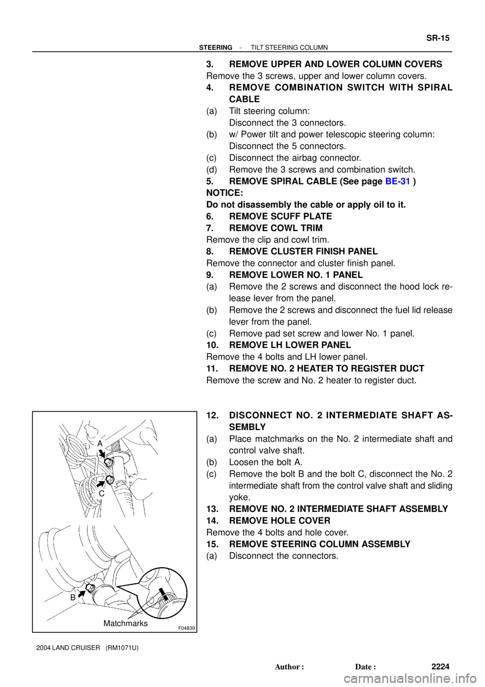 TOYOTA LAND CRUISER 1986  Factory Repair Manual F04839
A
B
C
Matchmarks
- STEERINGTILT STEERING COLUMN
SR-15
2224 Author: Date:
2004 LAND CRUISER   (RM1071U)
3. REMOVE UPPER AND LOWER COLUMN COVERS
Remove the 3 screws, upper and lower column cove