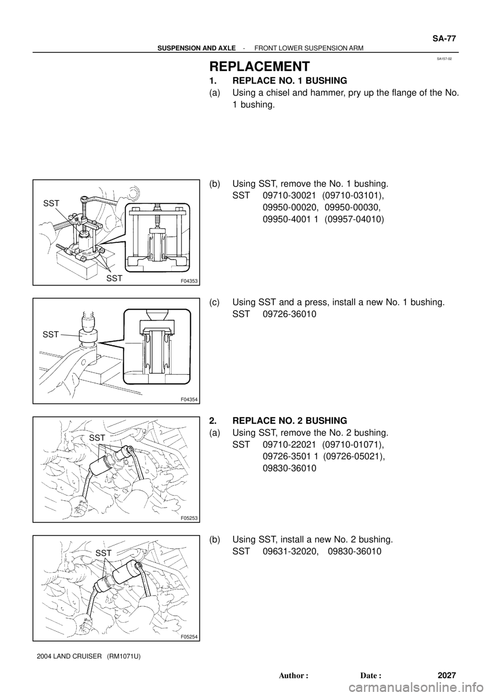 TOYOTA LAND CRUISER 1986  Factory Repair Manual SA157-02
F04353
SST
SST
F04354
SST
F05253
SST
F05254
SST
- SUSPENSION AND AXLEFRONT LOWER SUSPENSION ARM
SA-77
2027 Author: Date:
2004 LAND CRUISER   (RM1071U)
REPLACEMENT
1. REPLACE NO. 1 BUSHING
(