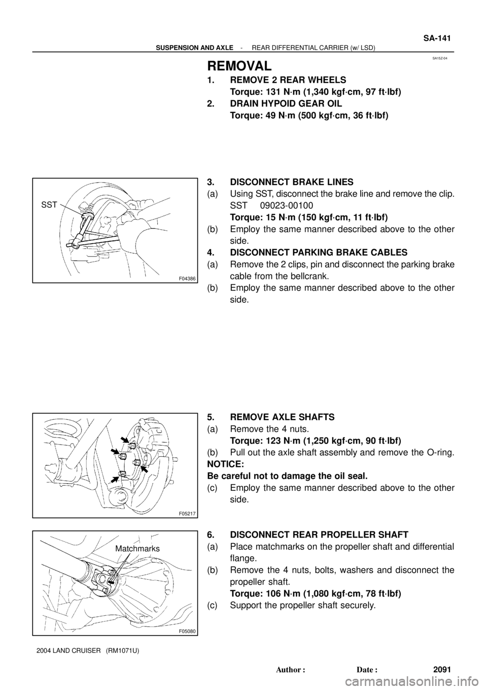 TOYOTA LAND CRUISER 1986  Factory Repair Manual SA15Z-04
F04386
SST
F05217
F05080
Matchmarks
- SUSPENSION AND AXLEREAR DIFFERENTIAL CARRIER (w/ LSD)
SA-141
2091 Author: Date:
2004 LAND CRUISER   (RM1071U)
REMOVAL
1. REMOVE 2 REAR WHEELS
Torque: 1