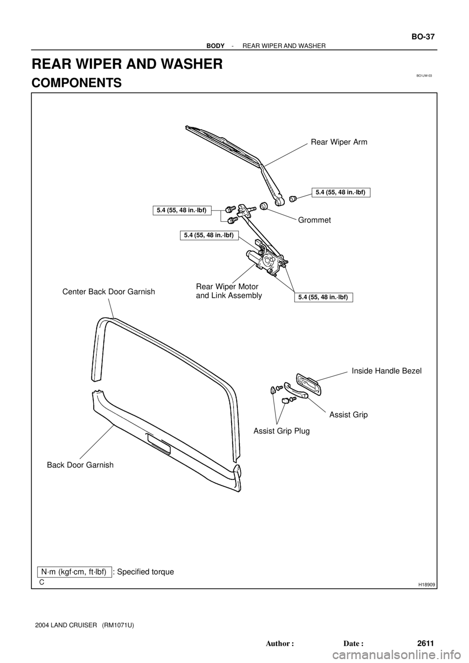 TOYOTA LAND CRUISER 1986  Factory Repair Manual BO1JW-03
H18909
Rear Wiper Arm
Center Back Door Garnish
Back Door GarnishAssist Grip
Assist Grip PlugInside Handle Bezel Grommet
Rear Wiper Motor
and Link Assembly
5.4 (55, 48 in.´lbf)
: Specified to